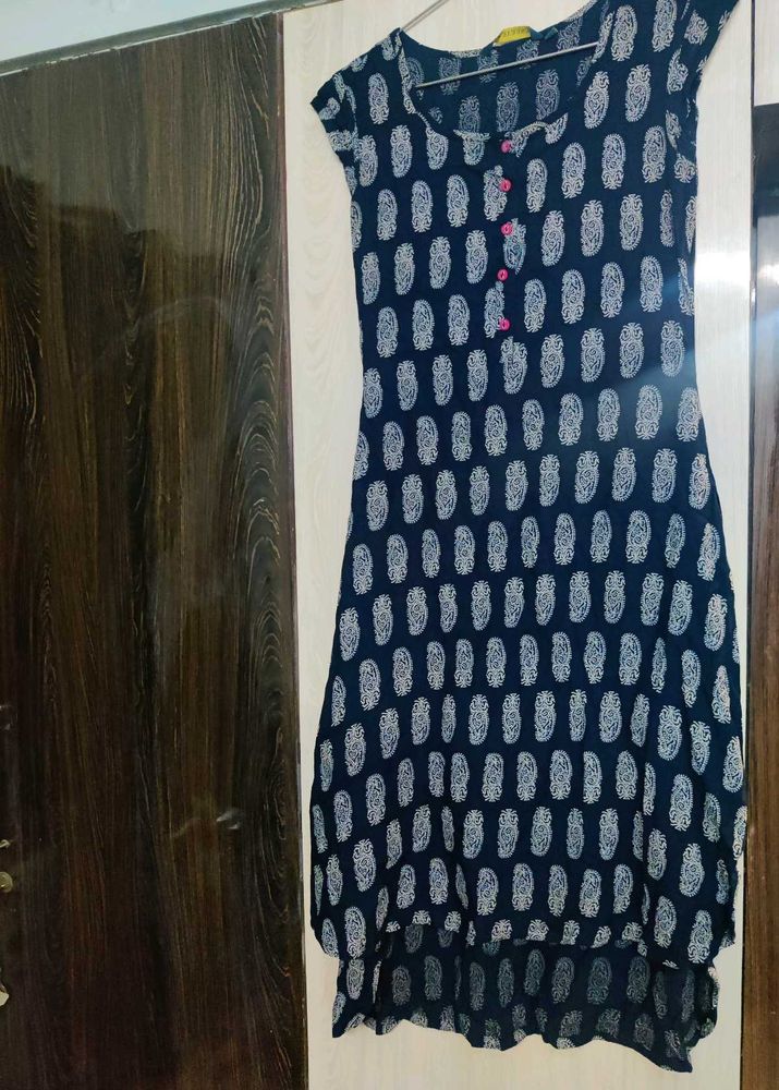 Navy Blue Printed High-Low Kurti with Pink Button
