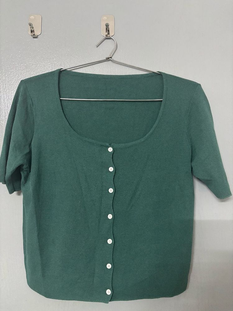 Green Button-Up Cardigan Scoop Neck Top