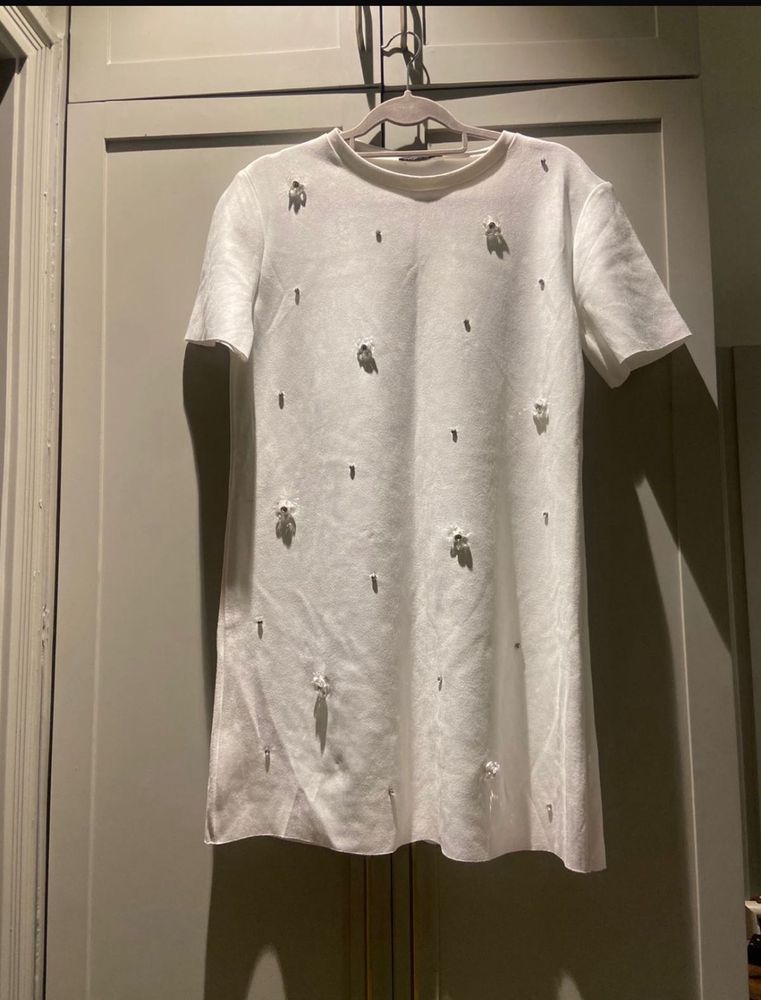 Zara White Embellished T-Shirt Dress