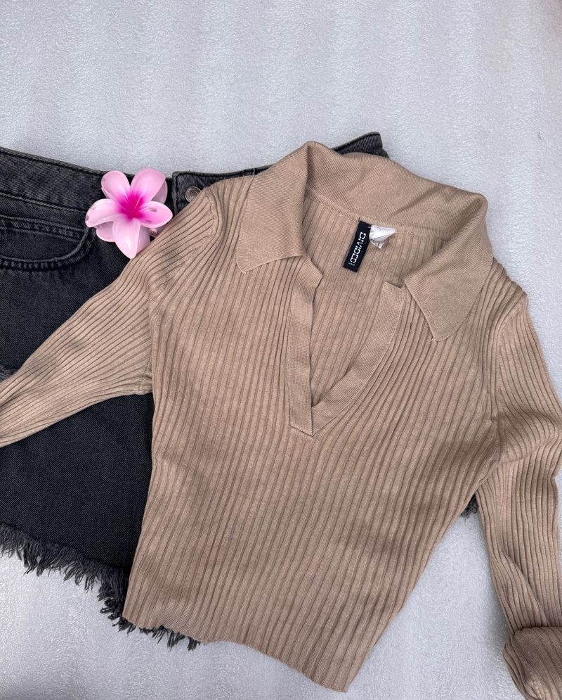 Ribbed Long Sleeve Polo Top