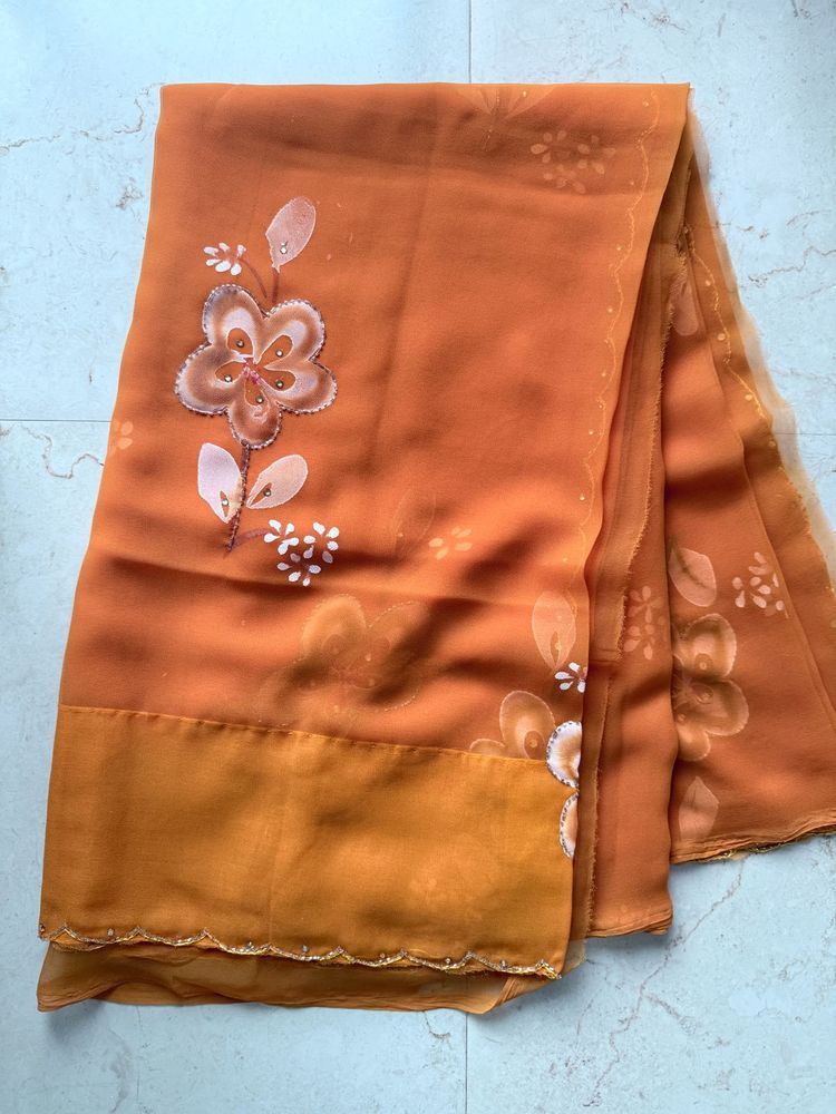 Unused Orange Floral Saree