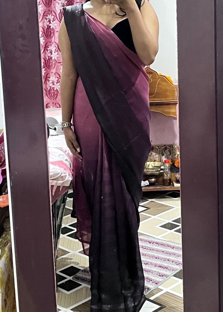 Women Pink &amp; Black Ombre Ready To Wear Saree