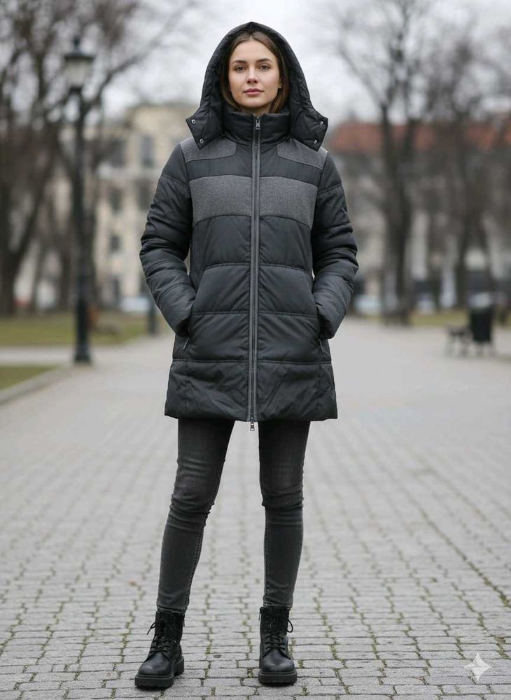 Sleek Black Puffer Jacket with Contrast Grey Panel