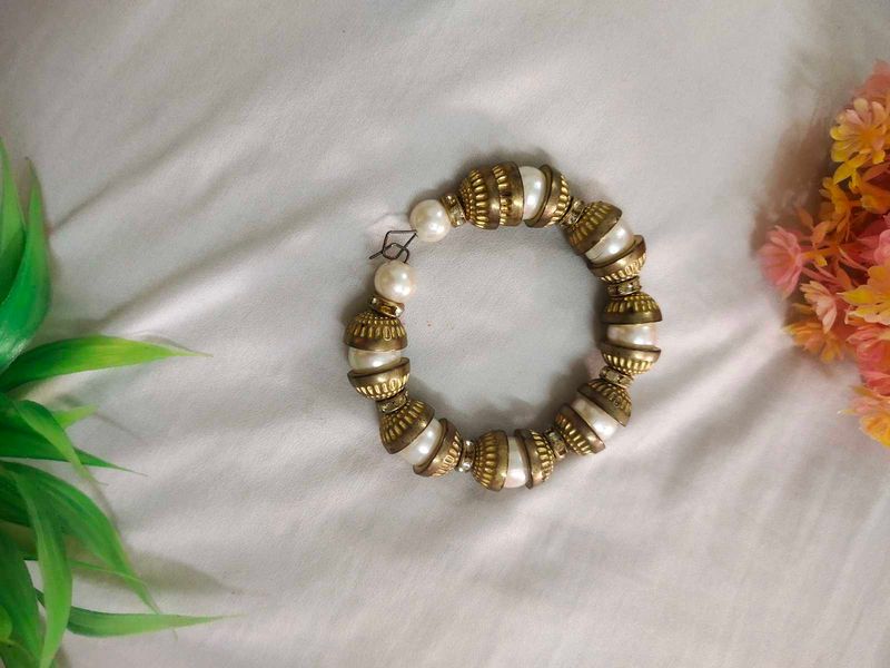 Golden And Big White Bead Bracelet