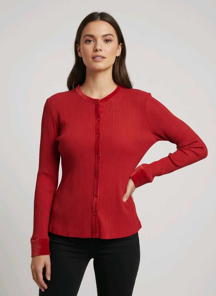 Red Ribbed Button-Down Top
