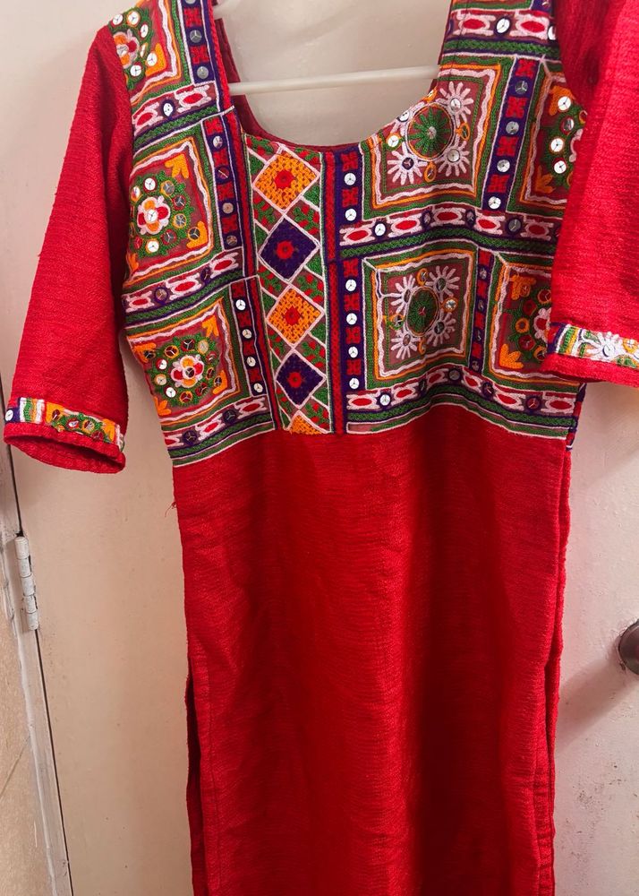 Red heavily embroidered kurta