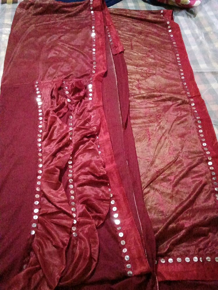 Maroon Frill Sari With Mirror Work