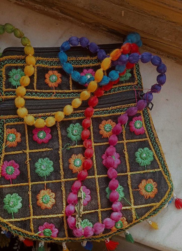 Embroidered Flower Purse with Beaded Handle