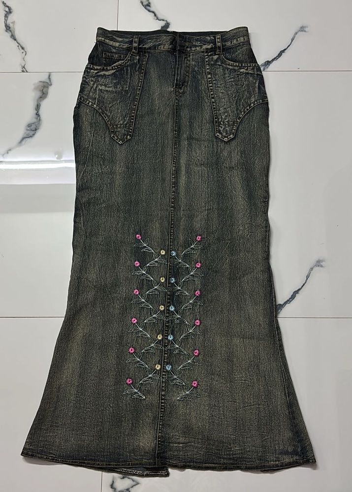 Floral Denim Maxi Skirt