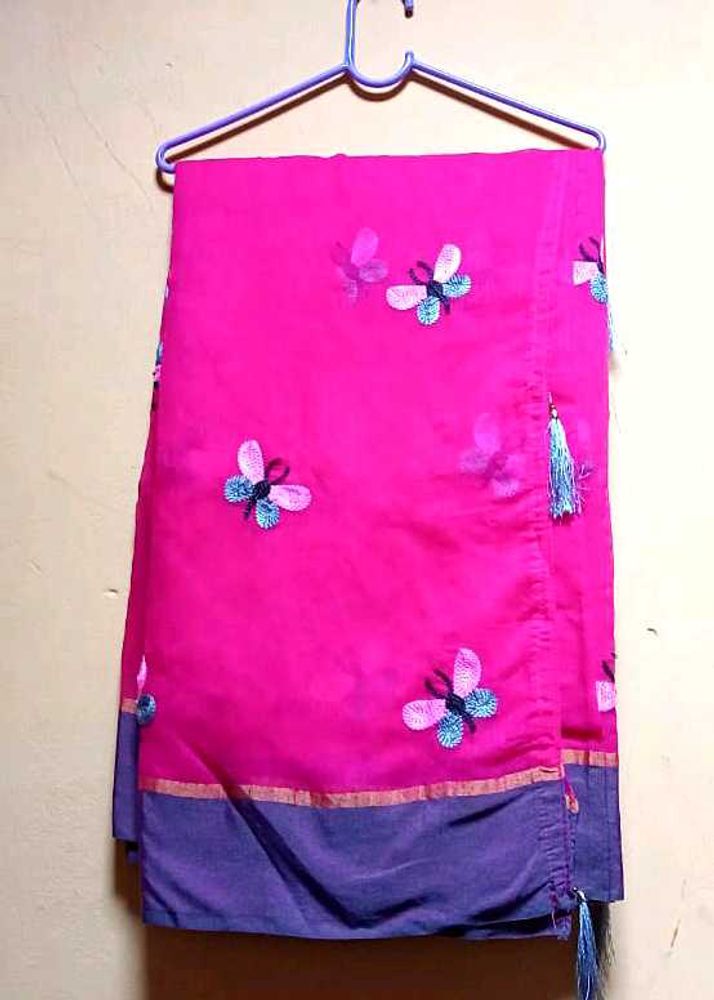 Pink Butterfly Cotton Silk Saree With Gray Blouse