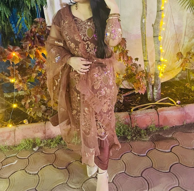 Elegant Brown &amp; Gold Embellished Pakistani Suit