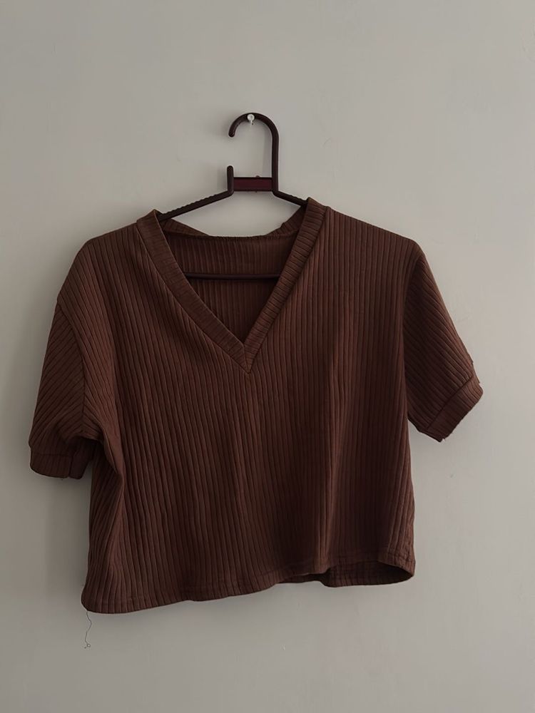 Brown Ribbed V-Neck Top