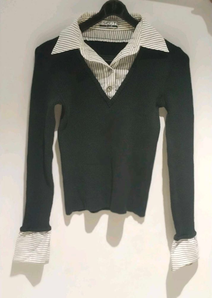 Elegant Black Sweater with Attached Blouse