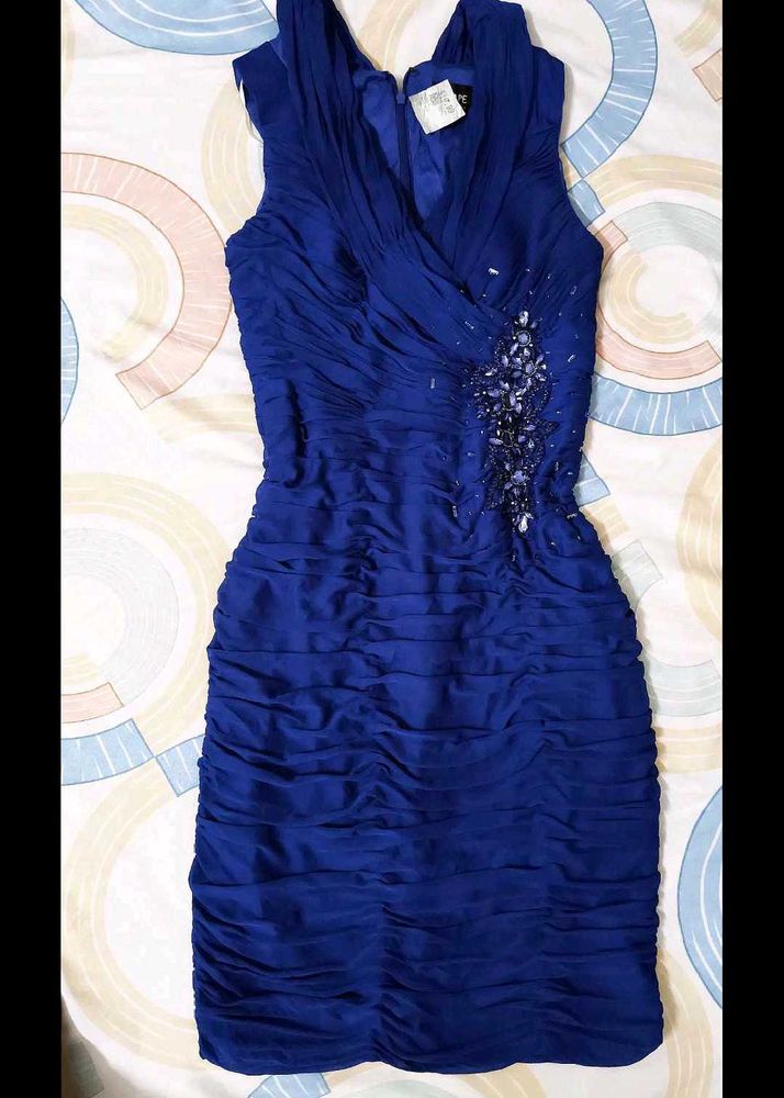 [Xscape Royal Blue Ruched Designer Dress]