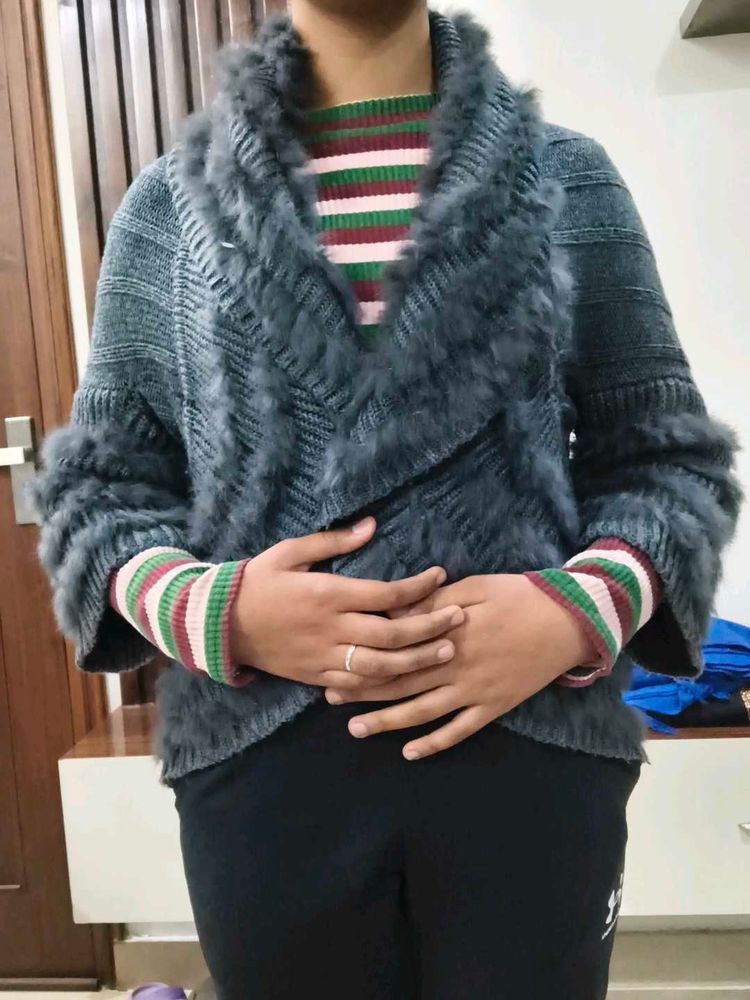 Gray Fur Trim Cardigan