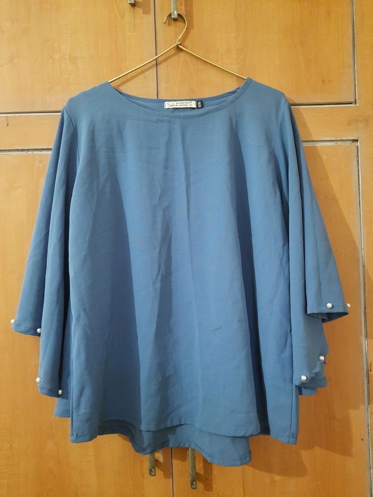 Blue Kaftan Pearl Studded Flared Sleeves Top