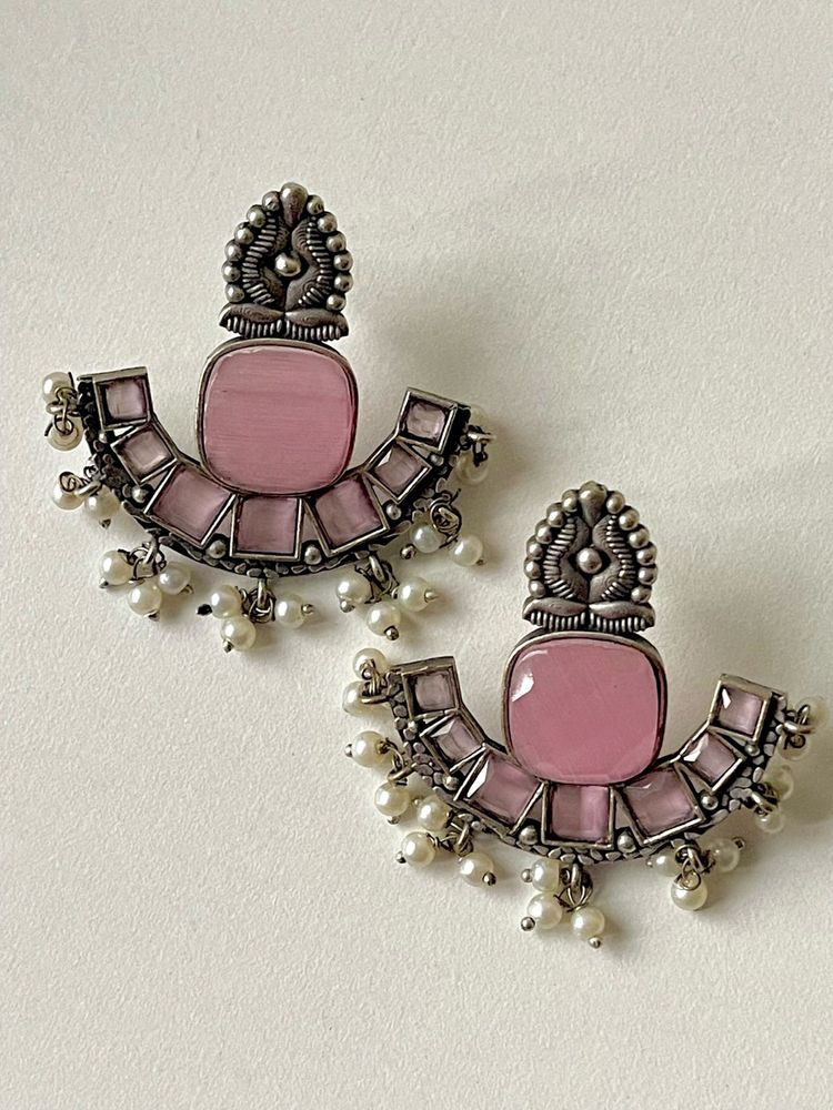 Silver Replica Monalisa Stone Earring Pink