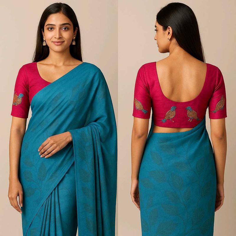 Pink &amp; Blue Saree And (Stitched Embroidery Blouse