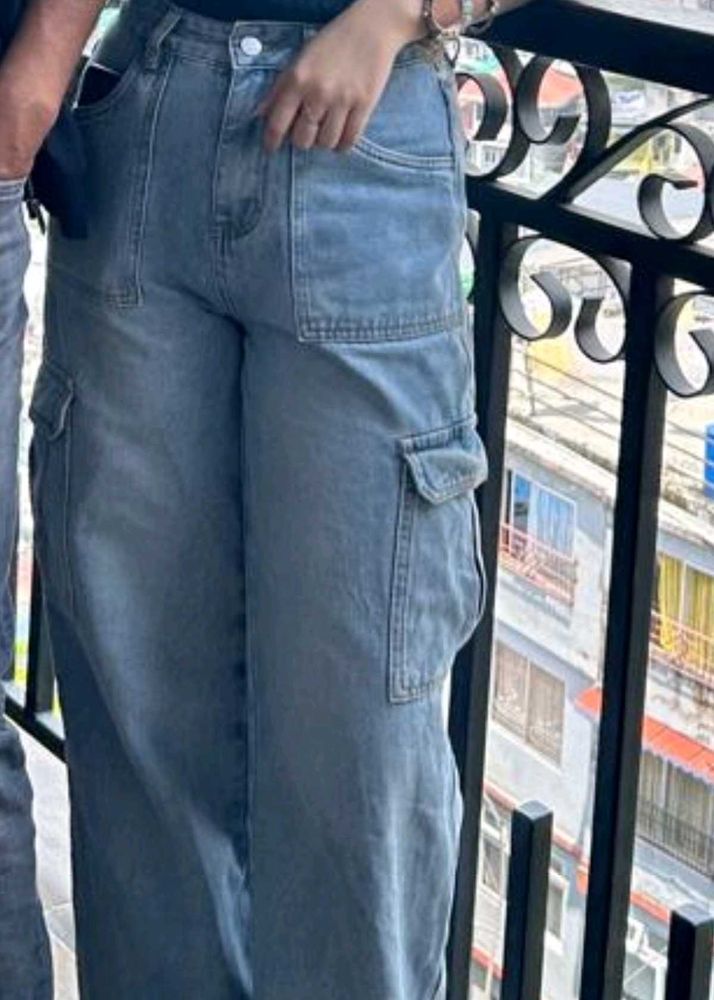 Light Wash Wide Leg Cargo Jeans