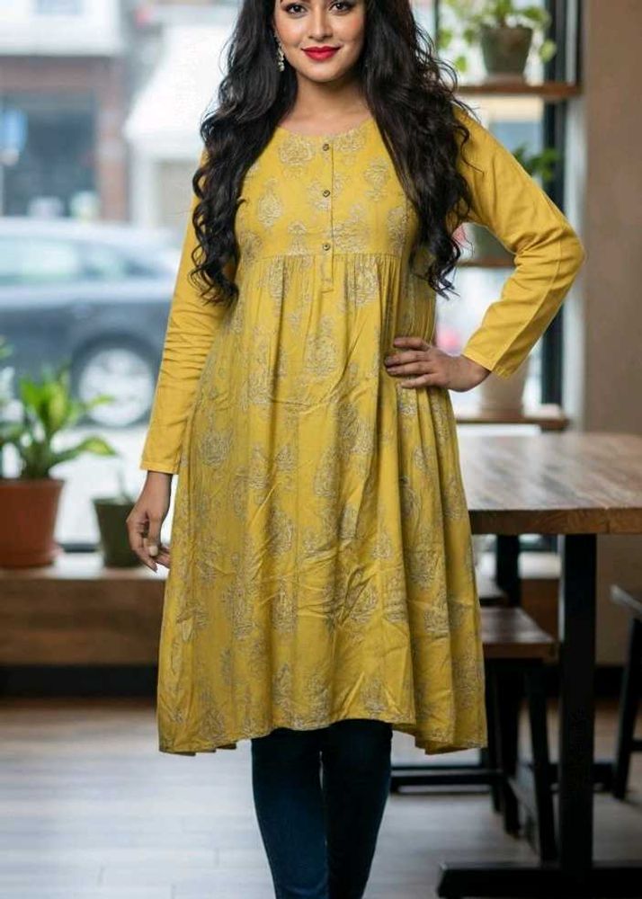 Yellow Printed A Line Dress