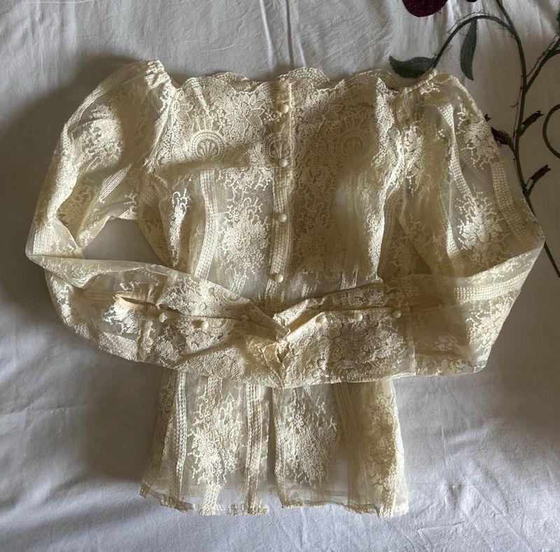 Vintage Cream Lace Blouse with Pearl Buttons