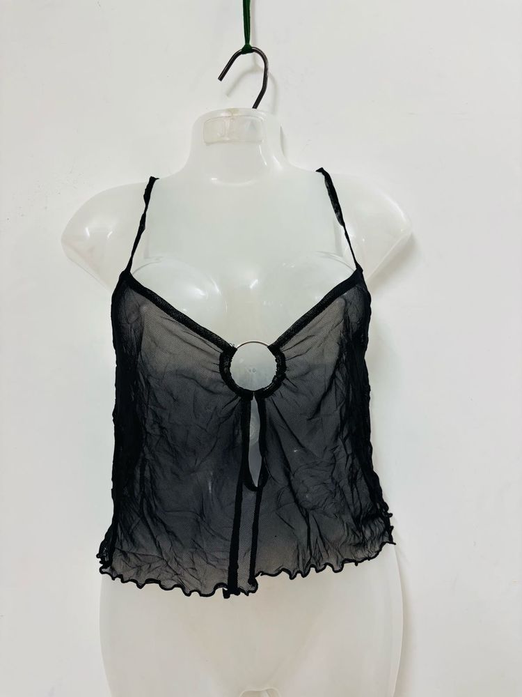 Tie Front Mesh Panel Crop Cami