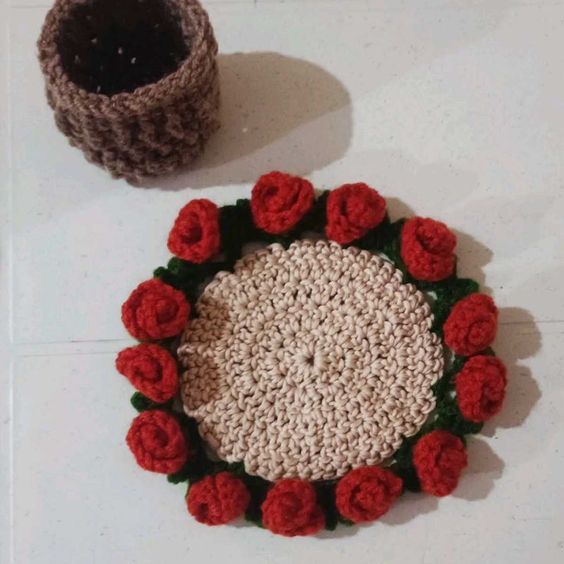 Handmade Crocheted Cotton Coaster &amp; Basket Set