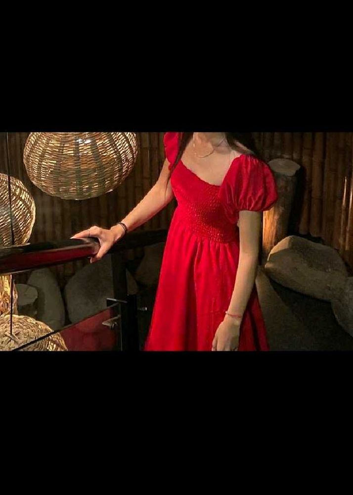 Red Midi Dress with Puff Sleeves