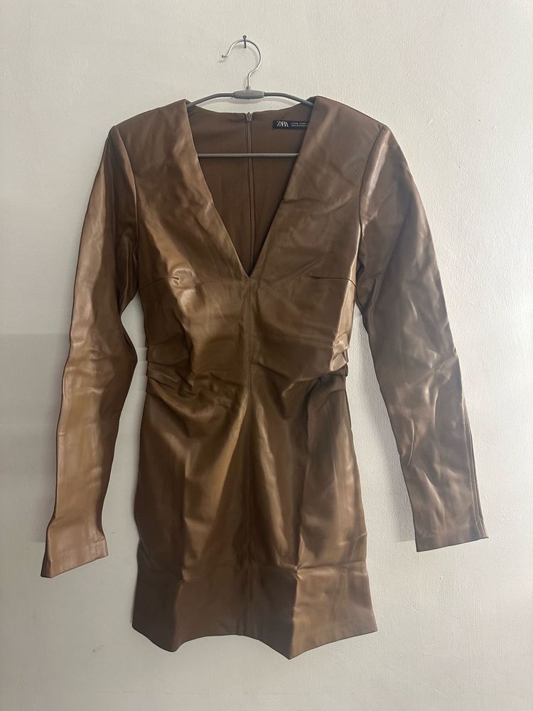 Zara Classy Leather Dress: Brown