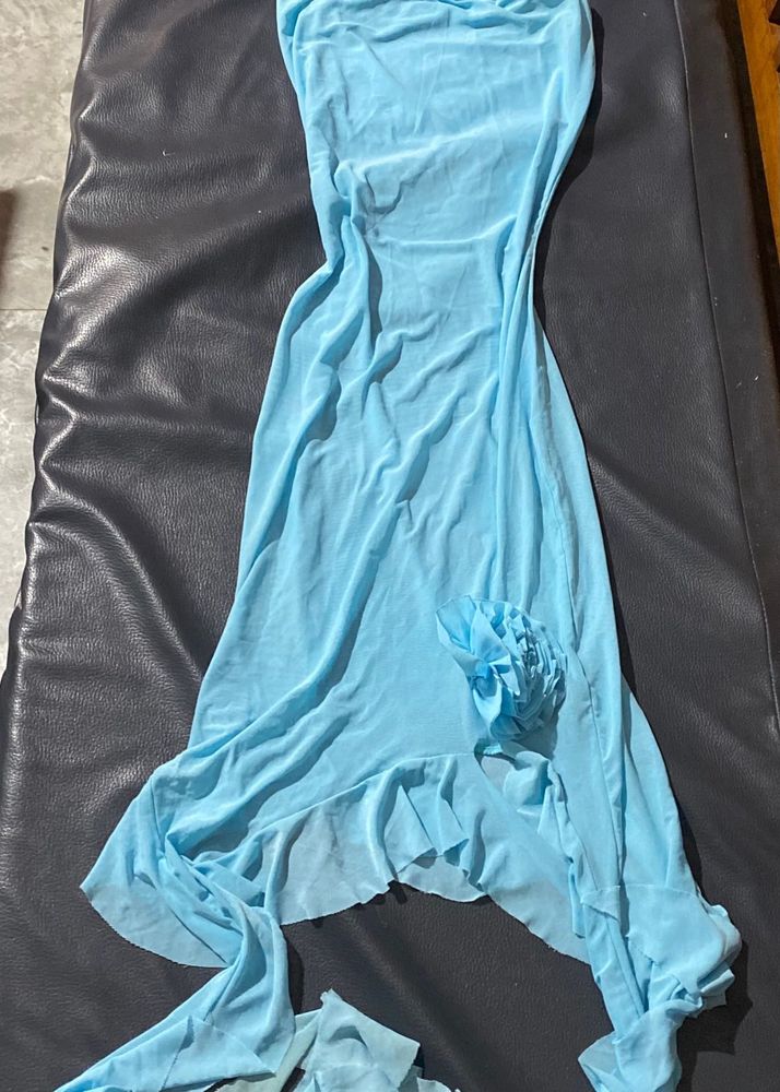 Blue Ruffle  Dress With Rose Choker