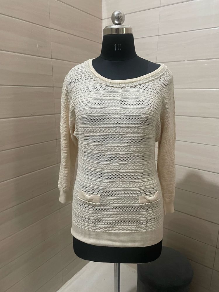 Cream Knit Tunic with Pearl Details