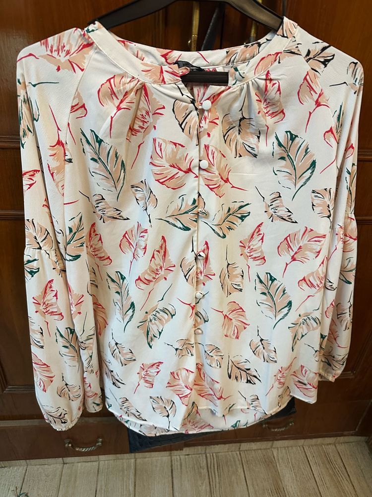 Leaf Print Button-Up Blouse