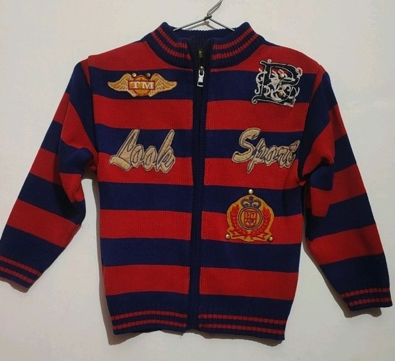 Red &amp; Navy Blue Wool Zipper Sweatshirt