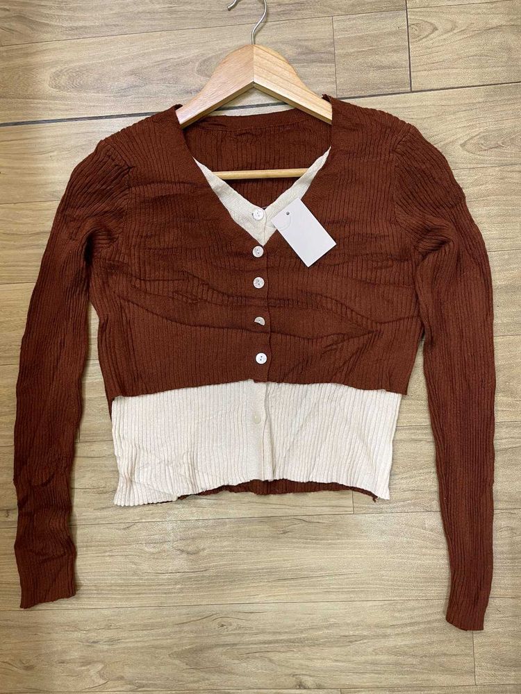 Brown &amp; Cream Layered Cardigan - Size S/M