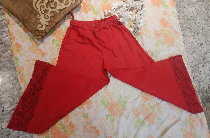 Rust Red Cotton Palazzo Pants, Size - S