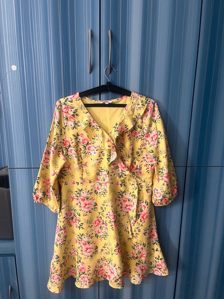 Honey Floral Yellow Wrap Dress-XXL
