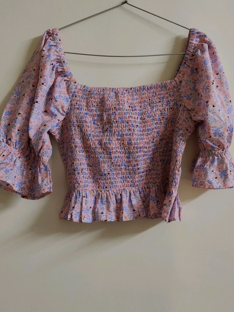 Baby Pink Colour Floral Print Smocked Top