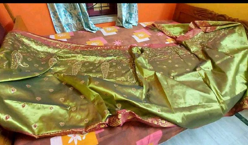 Elegant Olive Green Embroidered Saree