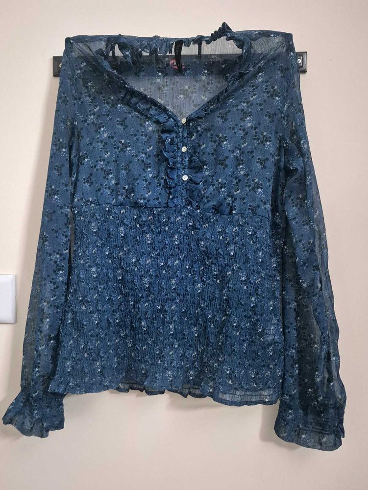 Elegant Navy Blue Floral Sheer Top – Size L
