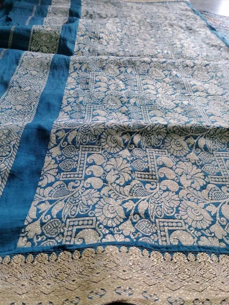 Teal &amp; Silver Banarasi Silk Saree