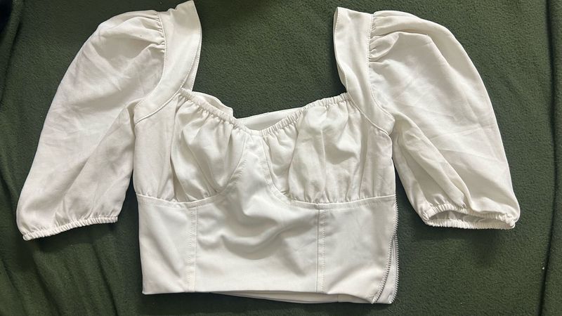 White Puff Sleeve Crop Top