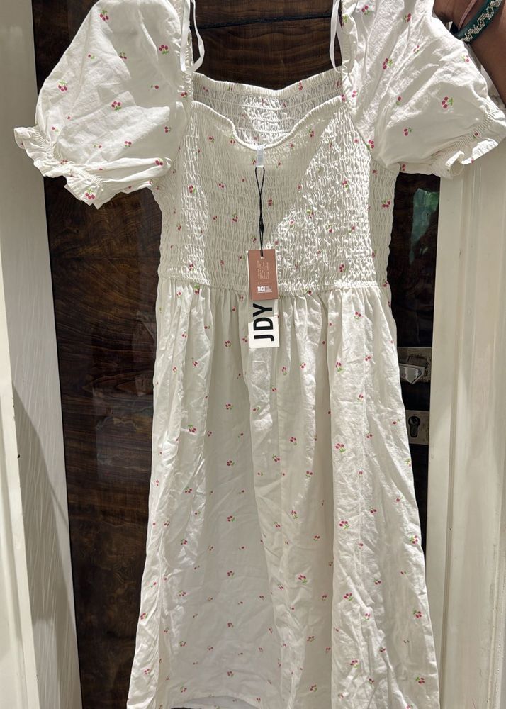 White Long  Dress With Cherry Print