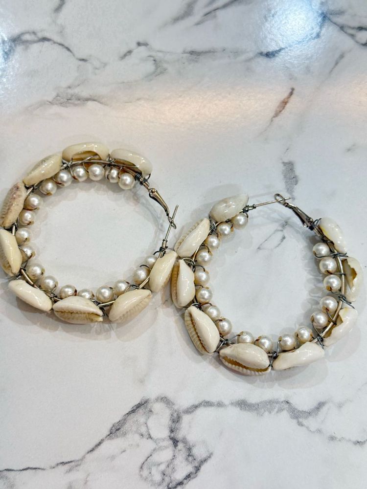 Shell and Pearl Hoop Earrings