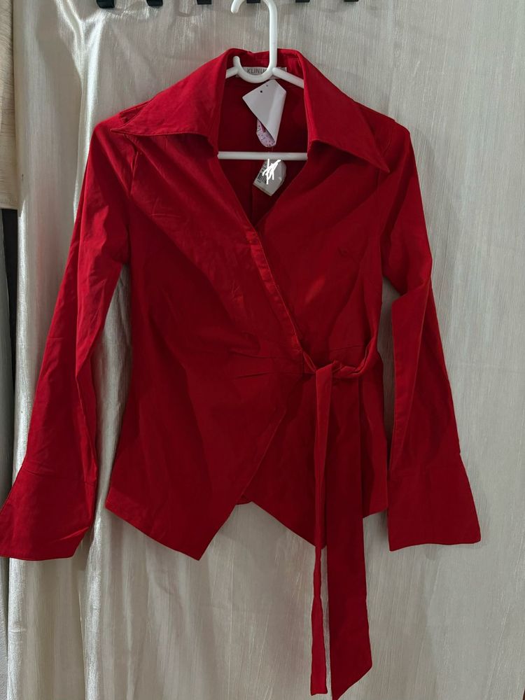 Red Wrap Blouse with Tie Waist