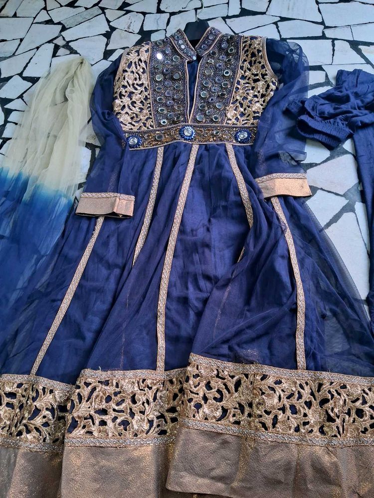 Navy Blue &amp; Gold Mirror Work Kurta