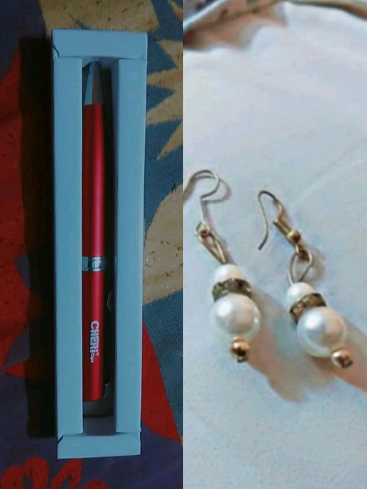 Cherry Pen And Pearl Earrings Combo