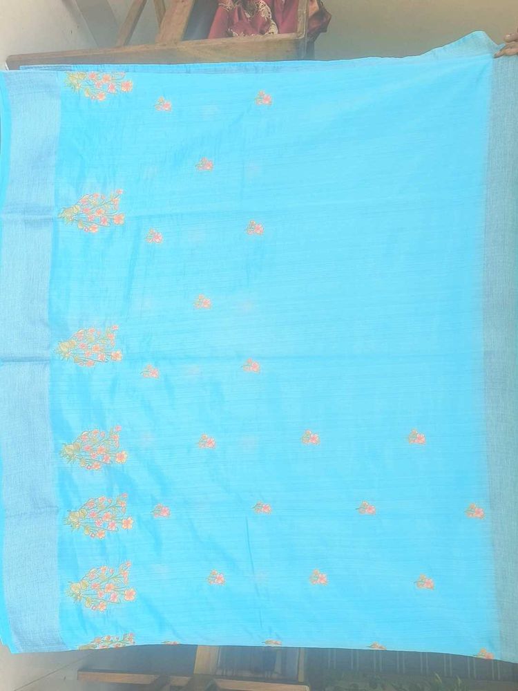 Teal Blue Embroidered Saree