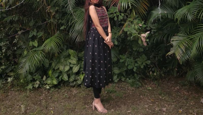 Embroidered Sleeveless A Line Black Kurti