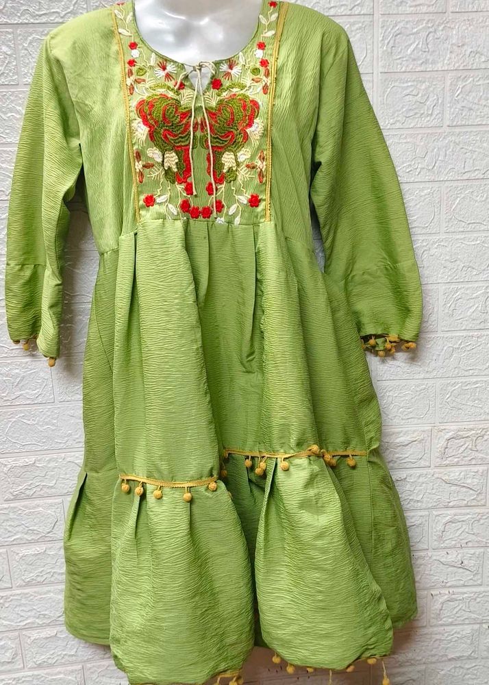Green Dress With Red Embroidered Patch Work