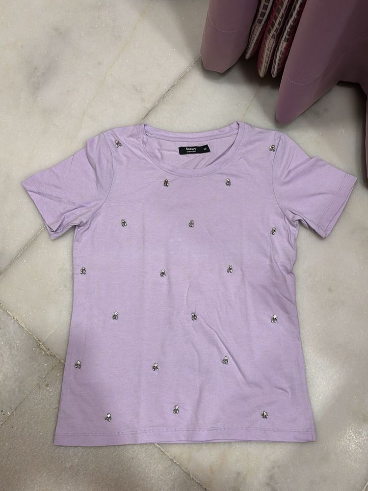 Cute Lilac Embellished Tee